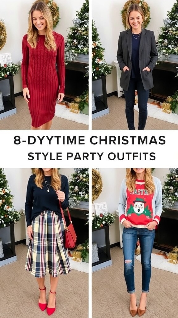Stylish daytime Christmas party outfits including a sweater dress, blazer, midi skirt, and casual jeans.